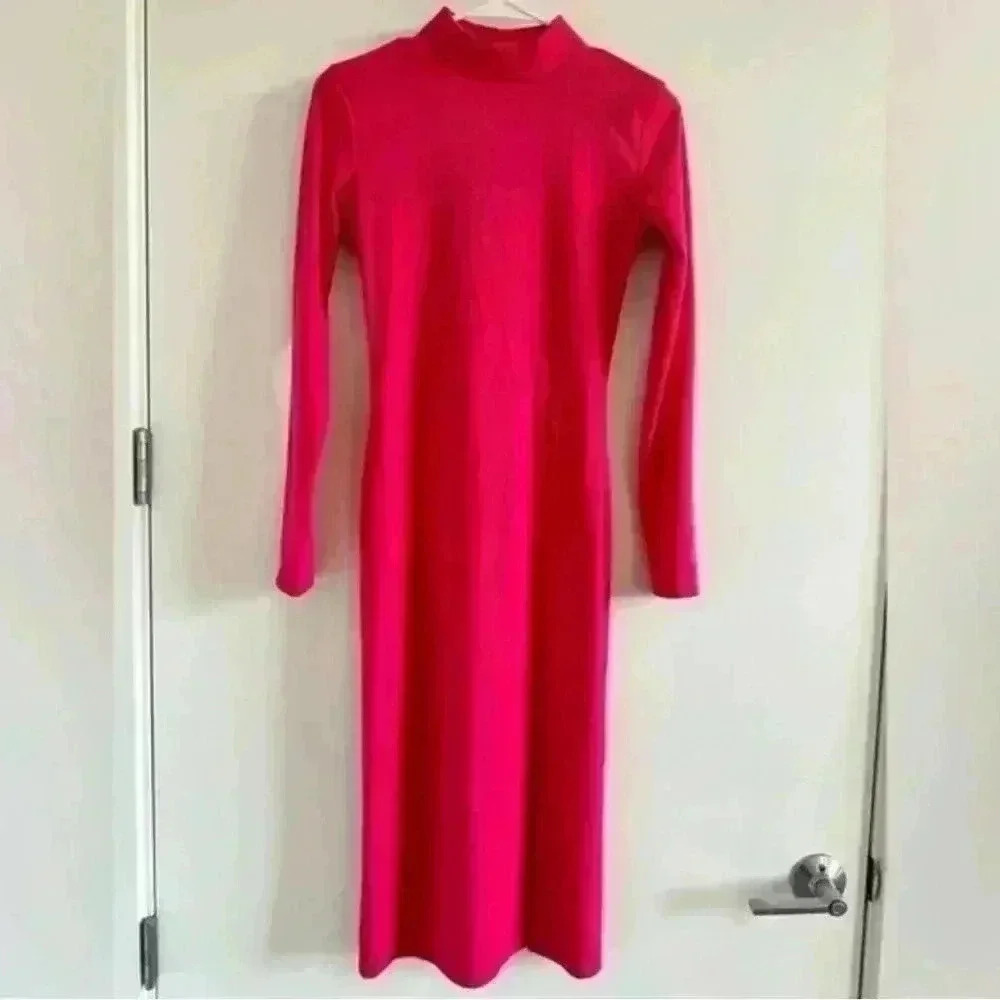 Fuchsia Bodycon Midi Dress Long Sleeve Size S Bright Pink Chic - Picture 2 of 5